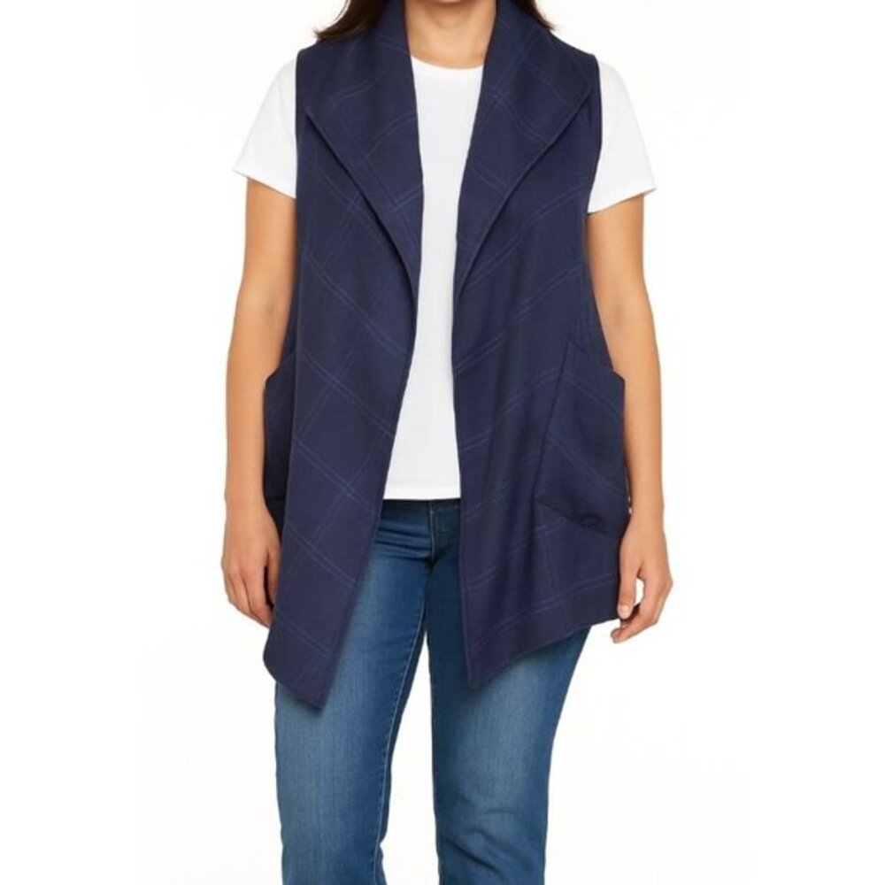 Le Moda Womens Vest  S-L‎ Navy Blue Windowpane Plaid Draped Shawl Collar NEW